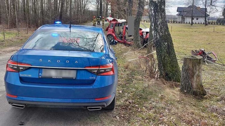 zjechał z drogi i uderzył w drzewo