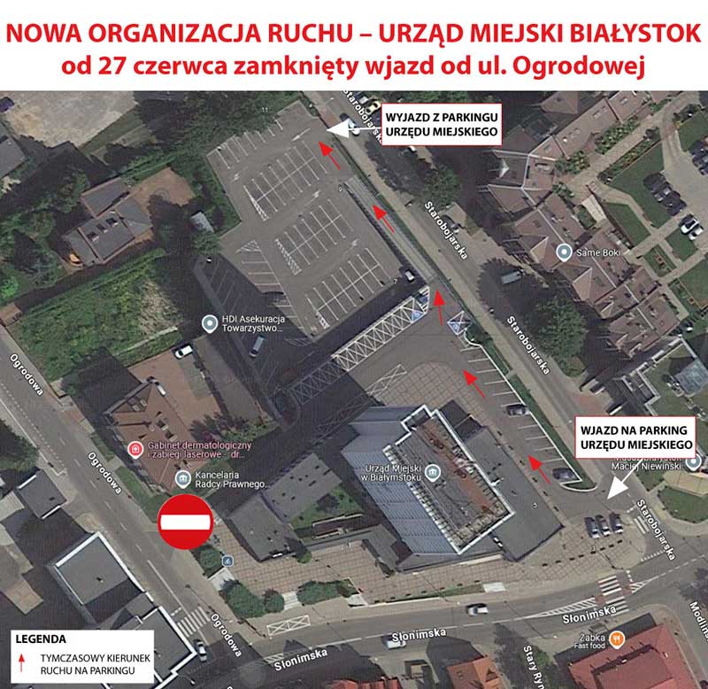 Zmiana organizacji ruchu na górnym parkingu wokół budynku Urzędu Miejskiego przy ul. Słonimskiej 1. Mapka